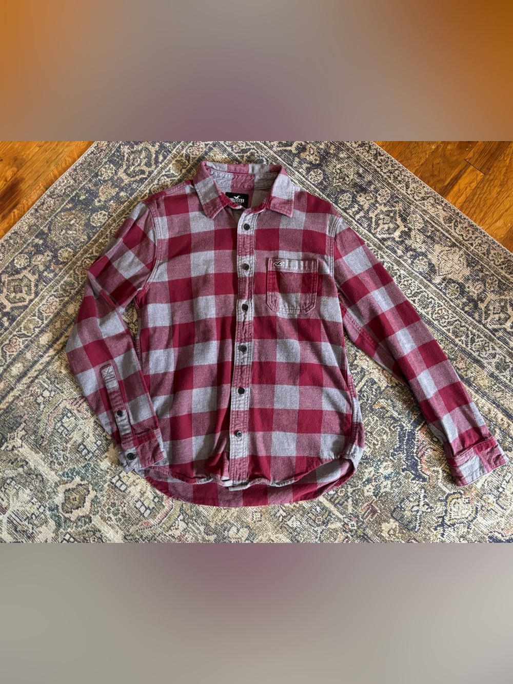 Hollister Men's Red & Gray Buffalo Plaid Button-Down Shirt
